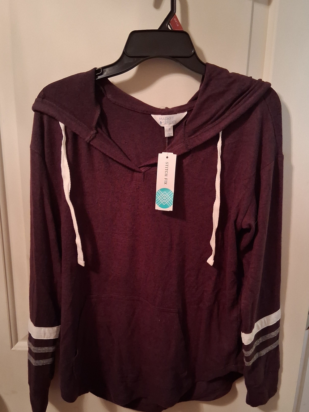 Market & Spruce Women's Maroon Hoodie with White Drawcords and Sleeve Stripes